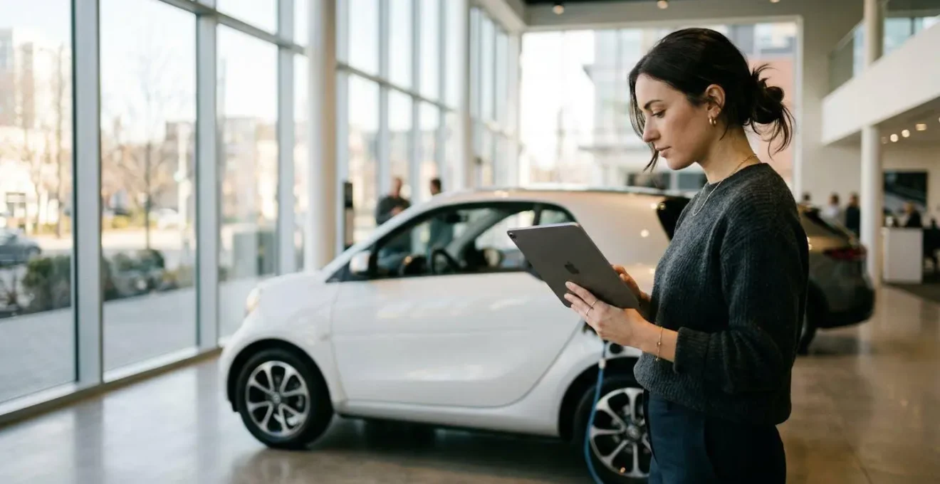 Une personne de profil consulte une tablette devant un véhicule électrique dans un showroom automobile lumineux
