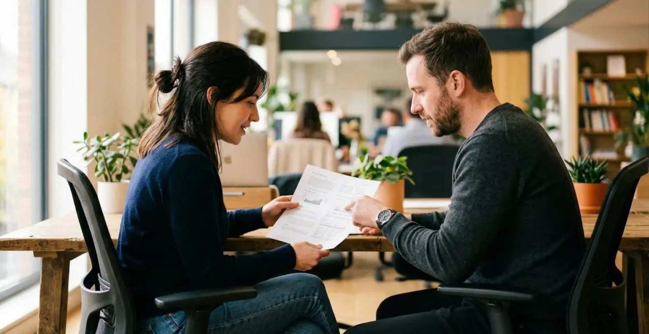 Deux personnes assises côte à côte consultent ensemble un document dans un bureau moderne