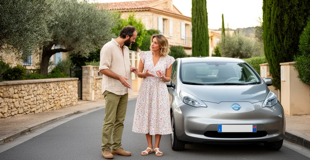 Famille devant une voiture électrique compacte dans une rue résidentielle à Alès