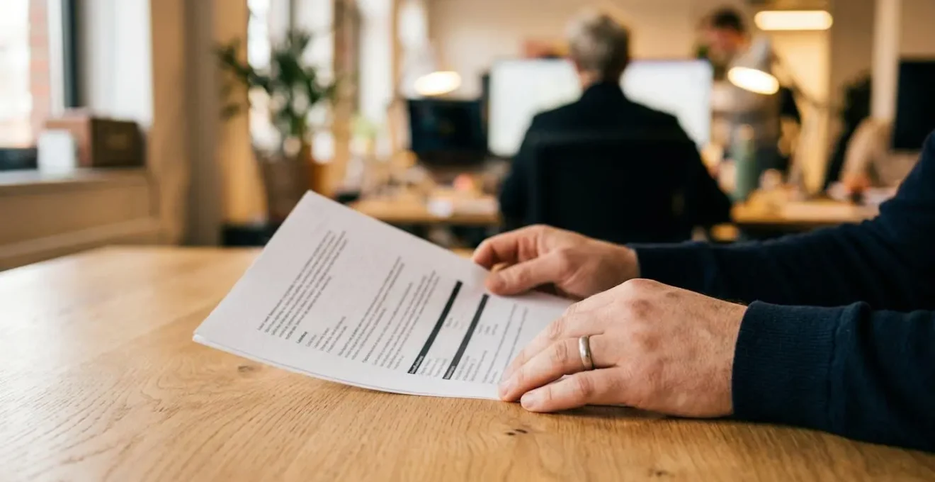 Des mains tiennent un document sur une table dans un bureau chaleureux de concession automobile