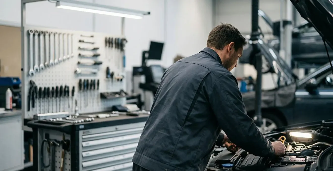 Un technicien de dos travaille dans un atelier automobile moderne et bien éclairé