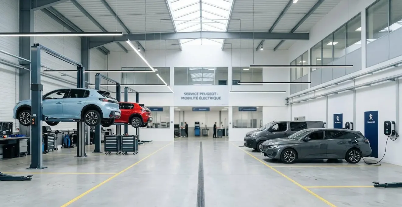 Vue large d'un atelier automobile moderne avec véhicules électriques sur ponts élévateurs et bornes de recharge visibles