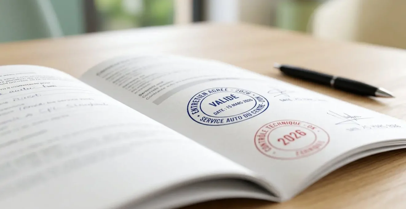 Gros plan sur les pages d'un carnet d'entretien automobile montrant des tampons de révisions officielles