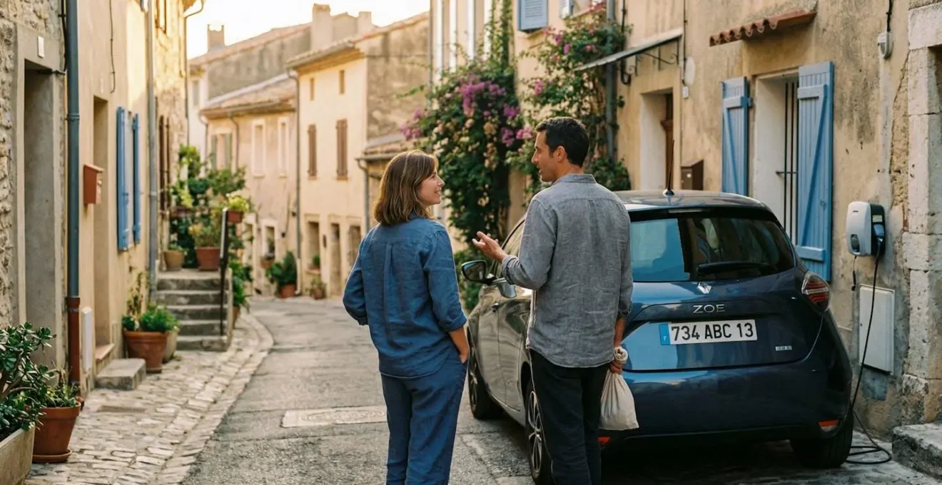 Un couple observe une voiture électrique compacte garée dans une rue résidentielle ensoleillée du sud de la France