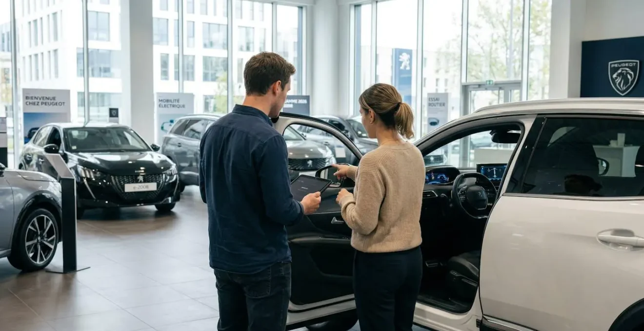 Un couple vu de dos observe une voiture électrique dans un showroom automobile moderne aux larges baies vitrées