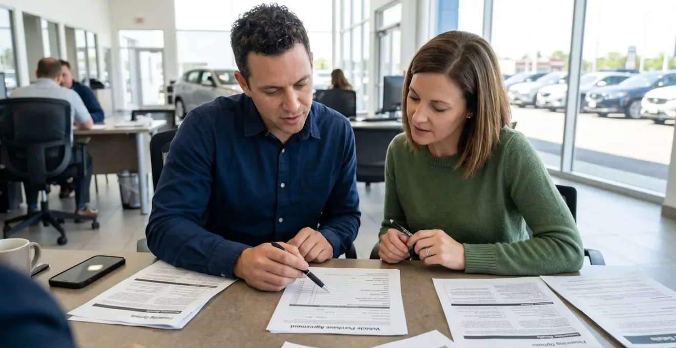Deux personnes examinent des documents administratifs ensemble dans un espace lumineux moderne de vente automobile, vue de trois-quarts arrière