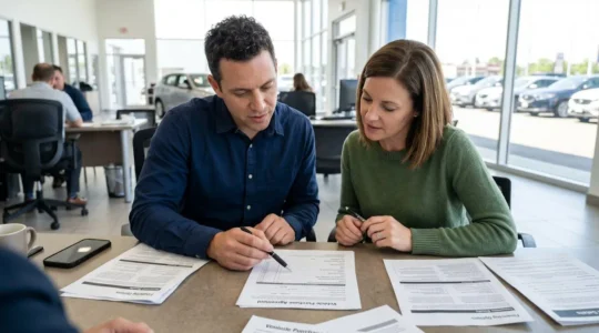 Deux personnes examinent des documents administratifs ensemble dans un espace lumineux moderne de vente automobile, vue de trois-quarts arrière