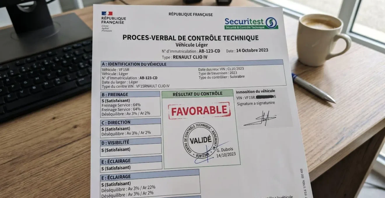 Gros plan sur un document officiel de contrôle technique automobile français avec tampon de validation partiellement visible, posé sur un bureau moderne