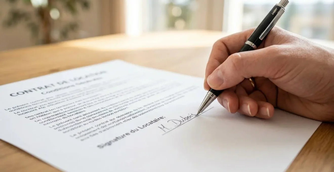Gros plan sur une main signant un document contractuel avec un stylo, le texte du contrat flou en arrière-plan