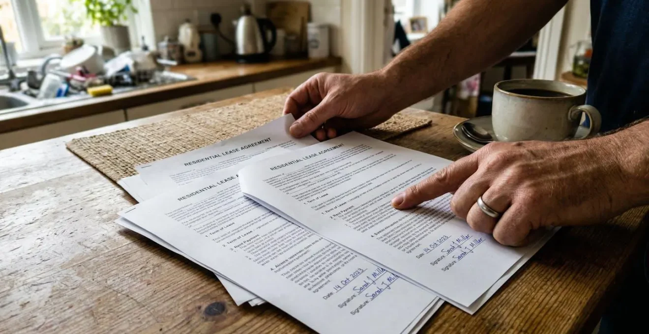 Des mains feuilletent des documents de contrat sur une table de cuisine avec une tasse de café visible