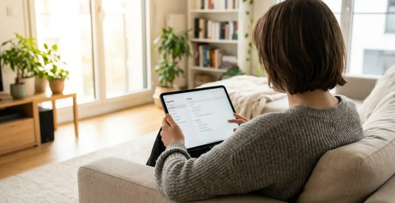 Vue de dos d'une personne assise dans un salon moderne consultant une tablette numérique