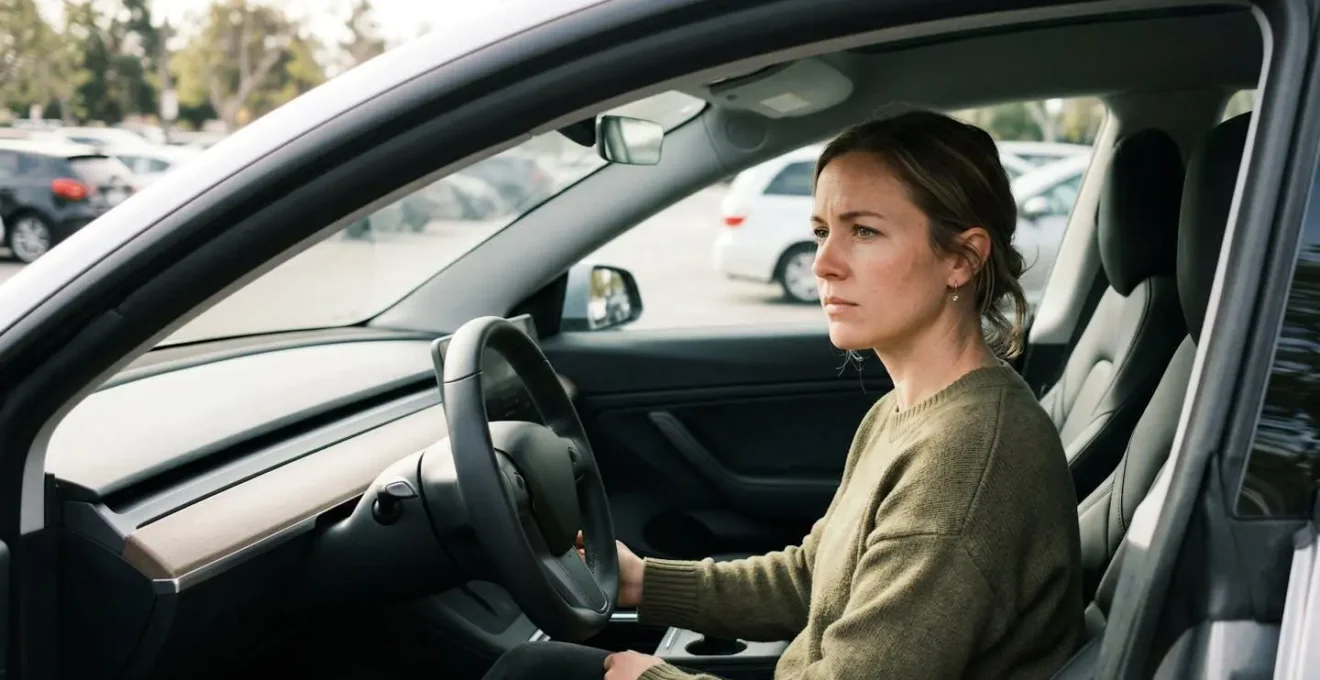 Une personne assise dans l'habitacle d'une voiture électrique compacte vue depuis la portière passager ouverte