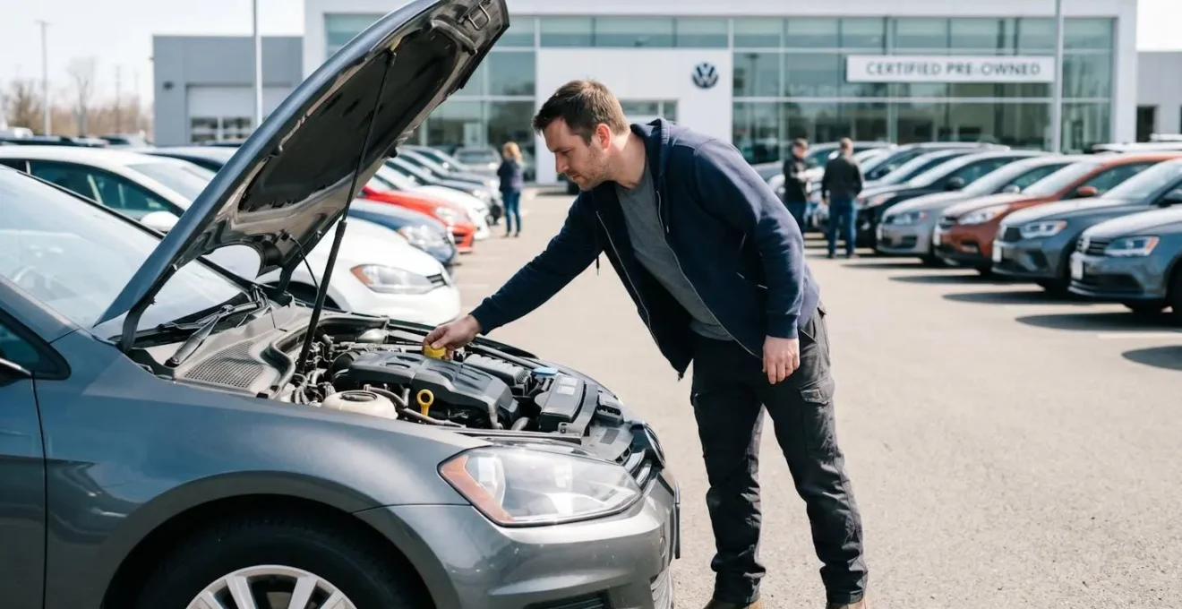 Personne inspectant le compartiment moteur d'une voiture en plein jour, vue de profil, vêtements contemporains décontractés, parking extérieur