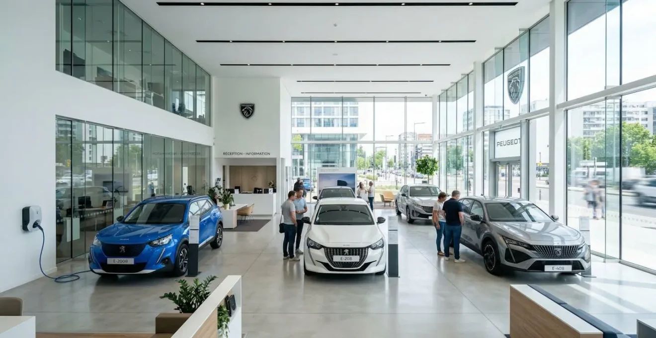 Intérieur lumineux d'un showroom automobile contemporain avec plusieurs véhicules exposés sous un éclairage naturel zénithal